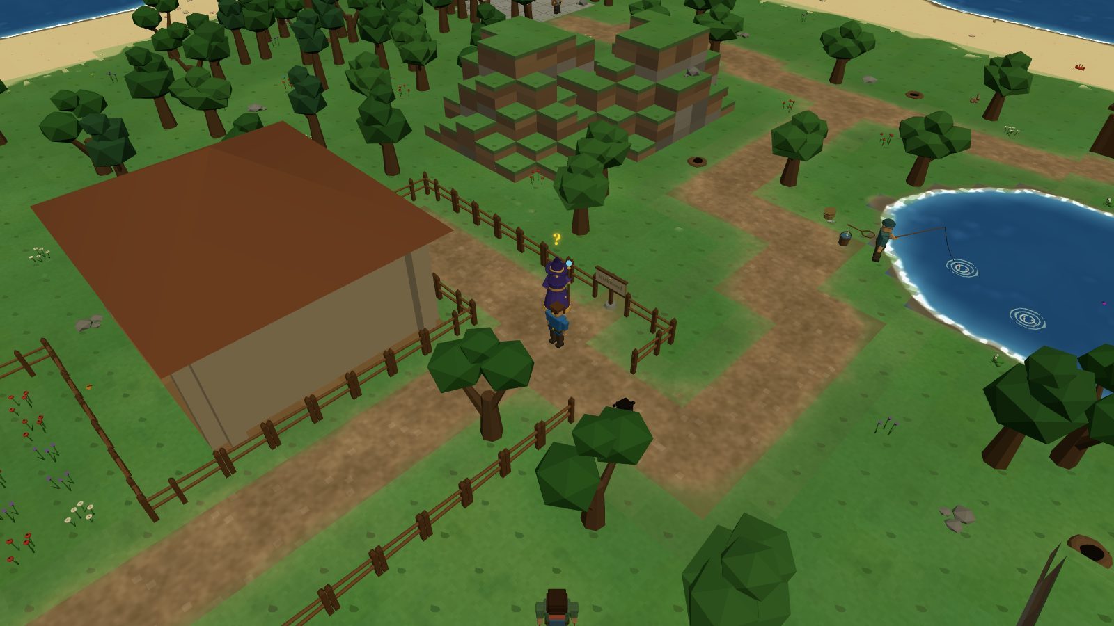 Early Duskmere: a low-poly meadow with a barn, a wizard quest-giver and a fishing pond
