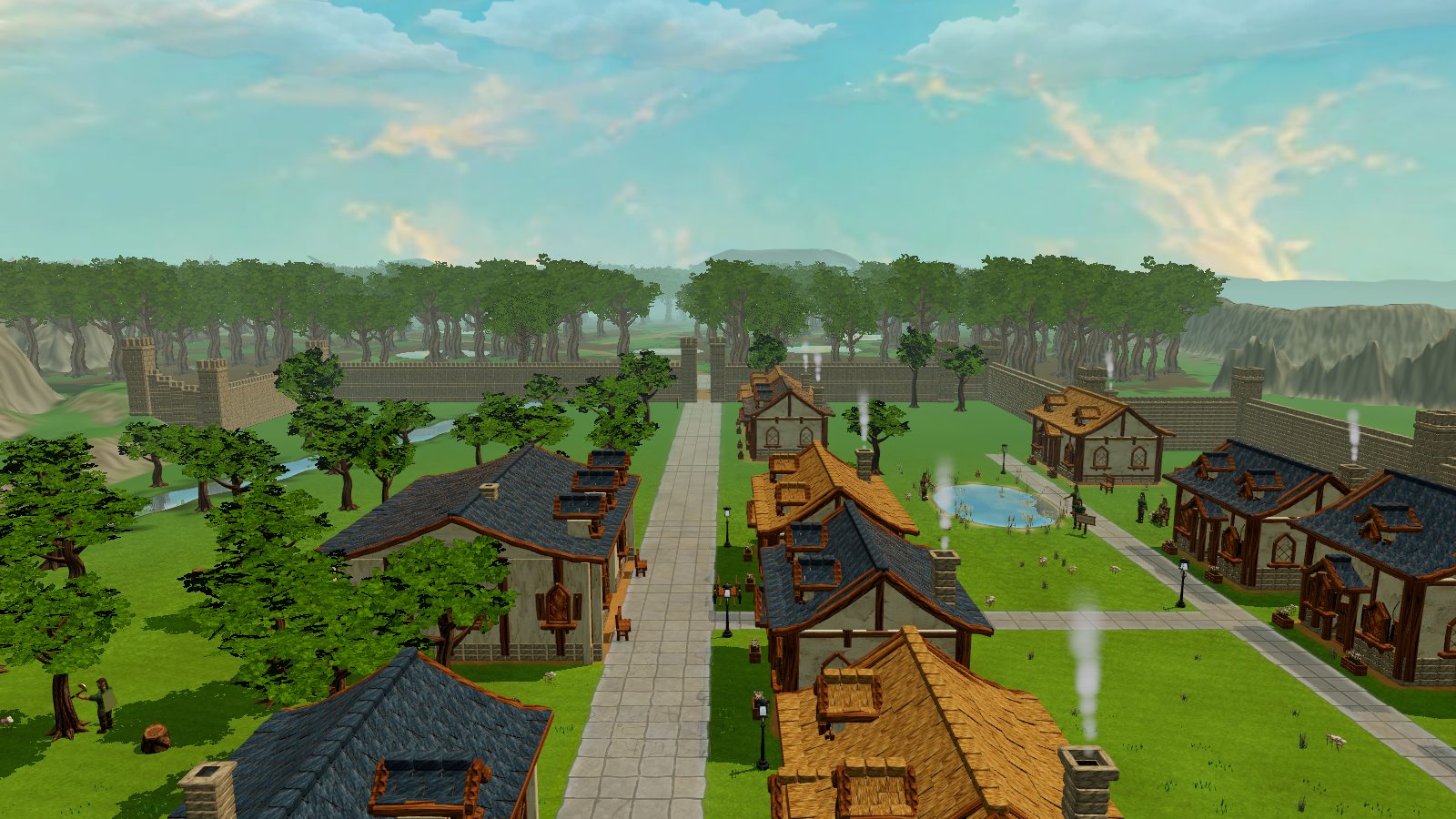 A wide view over Lightshire's houses and walls toward forests under a painted sky
